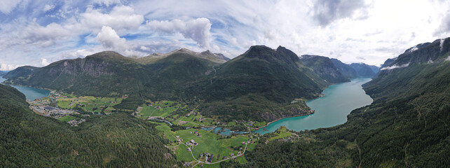 Fototapeta na wymiar Scenic aerial view above Innvikfjorden fjord in Norway