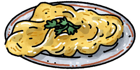 Omelet on plate illustration. Doodle breakfast. Hand drawn foods. Menu board. 
