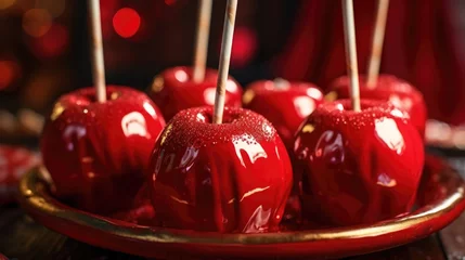 Küchenrückwand glas motiv Glossy red candy apples with sparkling sugar on sticks. Traditional festive treat. © Postproduction