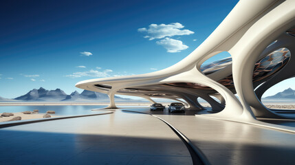 Generative ai illustration of abstract parametric architecture with empty concrete floor for car presentation
