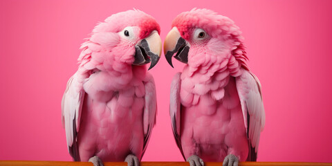 Two loving pink parrots hug and kiss each other on a pink background