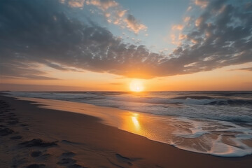 Beach and sea at sunset, AI generated