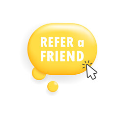 Refer a friend button. Flat, yellow, cursor on the button, refer a friend sign. Vector icon