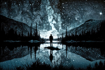 A man standing by a lake under a starry sky, AI generated - obrazy, fototapety, plakaty