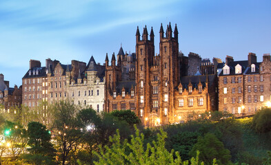 Edinburgh Old town of street Mound with New College, The University, Scotland at night