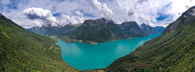 Aerial view above the mountains, fjords and lakes of Norway during summer 