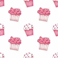 Seamless pattern with cute cupcakes on a white background. Watercolor illustration. Dessert. Food. Cake. Bakery products. Print on fabric and paper. Pink. Art. Design. Wallpaper. Handmade work. 