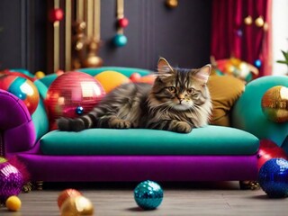cat setting on sofa with colorful ball decorations