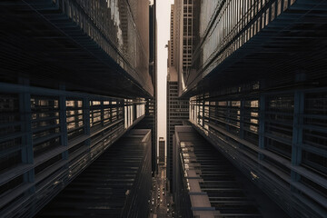 Fototapeta premium A plane flies through the middle of the building, AI generated