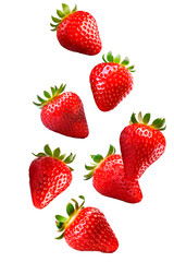 Whole falling strawberry fruits on white