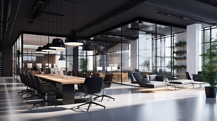 Blurry Background of a Modern Open-Design Office Space with Furniture