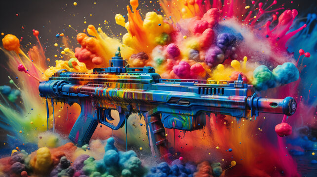 paintball gun and color bombs for a paintball war game
