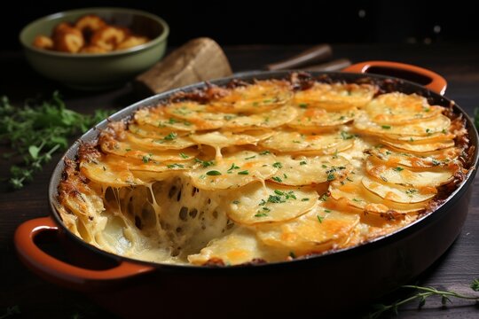 Savory Elegance: Scalloped Potatoes Infused with Cheese, Thyme, and Parmesan for a Delectable Dish