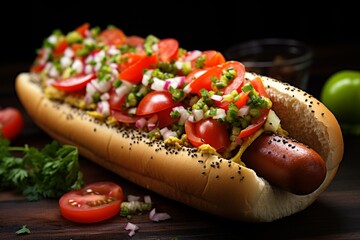 Windy City Classic: Chicago-Style Hot Dog nestled in a Poppy Seed Bun, topped with Tomatoes and Sweet Relish