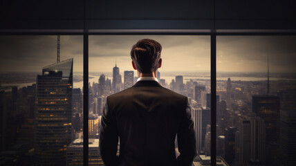 The manager in black suit is standing at the working office looking out to the city