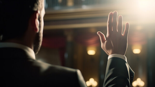 Young male politician raising his hand to swear