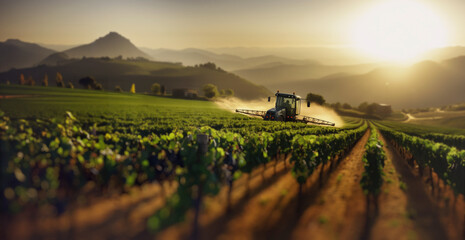 A tractor spraying fertilizer on vines at sunset. backlight. Generative ai