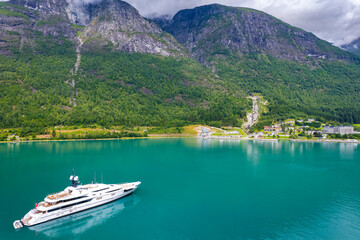 Aerial view above the mountains, fjords and lakes of Norway during summer 