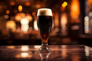 Rich Brew: Dark Stout Beer Poured into a Tall Glass with Frothy Foam, Resting on a Bar Counter Against a Blurred Pub Background - obrazy, fototapety, plakaty