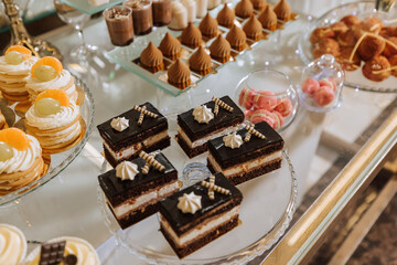 A delicious wedding. Cupcakes, cakes. Candy bar for a banquet. Celebration concept. Fashionable desserts. Table with sweets, candies. Fruits