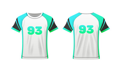 T-shirt mockup. Flat, color, t-shirt mockup, sports t-shirt layout with number 93. Vector icons