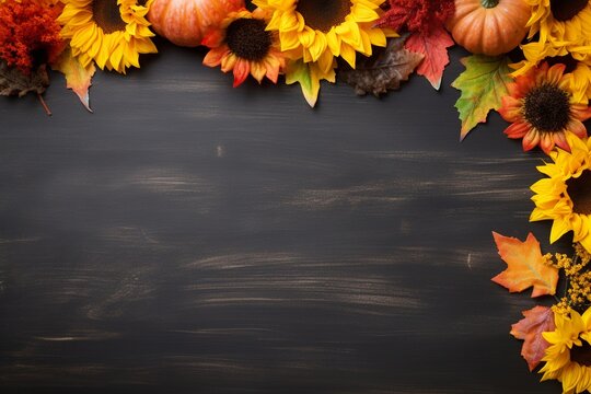Autumn Canvas: An Empty Chalkboard Surrounded by Pumpkins, Sunflowers, and the Rustic Tapestry of Fall Leaves