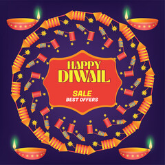 Happy Diwali Poster with Diya Lamp and Peacock Vector Illustration. Indian festival of lights Design. Suitable for Greeting Card, Banner, Flyer, Template. Vector Illustration.