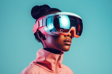Obraz na płótnie Canvas Portrait of an African American girl wearing modern virtual reality goggles on a blue pastel background.