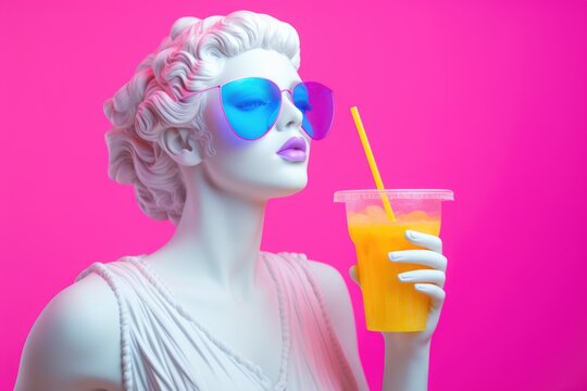 Portrait of a white sculpture of Aphrodite wearing blue sunglasses with an orange colored cocktail glass on a pink background.