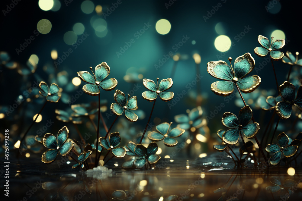 Poster beautiful festive background with shining clover shamrocks and golden bokeh. st. patrick's day backd