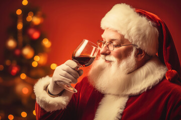 Retro portrait of jolly Santa Claus in retro glasses with a glass of mulled wine against a Christmas tree.