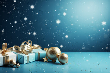 Christmas Theme. Blue Background with  golden christmas baubles, gifts decoration  and stars, - 675799606