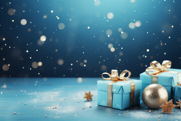 Christmas Theme. Blue Background with  golden christmas baubles, gifts decoration  and stars, - 675799694