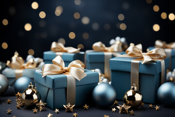 Christmas Theme. Blue Background with  golden christmas baubles, gifts decoration  and stars, - 675799832
