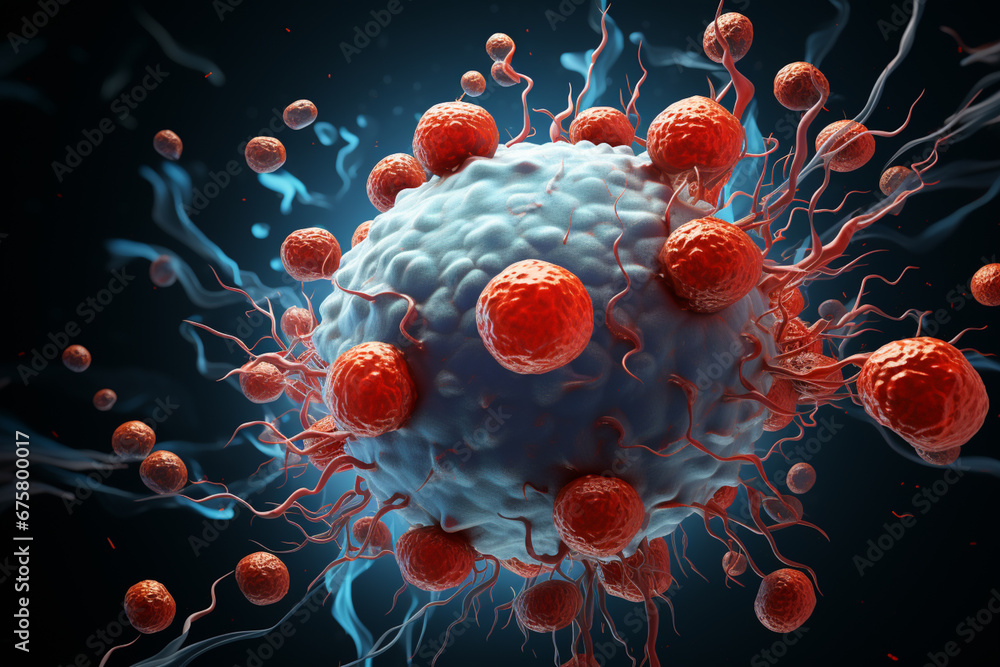 Aufkleber depicting cancerous cells invading and attacking healthy brain tissue, showing the destructive natur