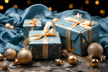 Christmas Theme. Blue Background with  golden christmas baubles, gifts decoration  and stars, - 675800023