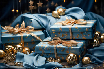 Christmas Theme. Blue Background with  golden christmas baubles, gifts decoration  and stars, - 675800097