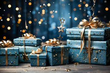 Christmas Theme. Blue Background with  golden christmas baubles, gifts decoration  and stars, - 675800267
