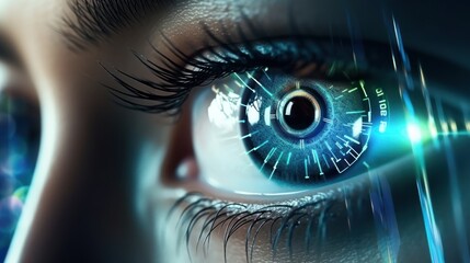 Close-up Holographic Eye DNA Inspection Device Collects Biometric Data modern medical concept.