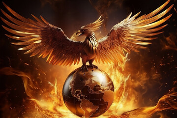 phoenix bird with with golden feather hold a realistic earth globe and spread its wings.