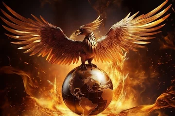 Fotobehang phoenix bird with with golden feather hold a realistic earth globe and spread its wings. © Maizal