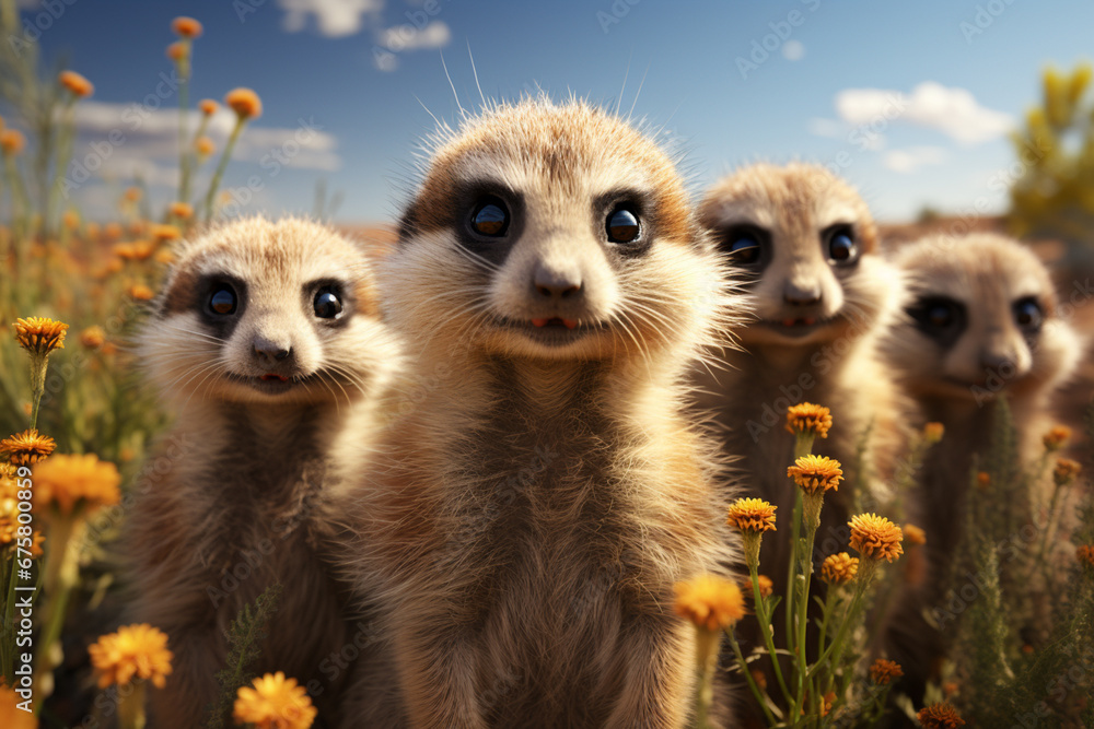 Poster he playful interaction between a group of meerkats, showcasing their social dynamics and vigilant na