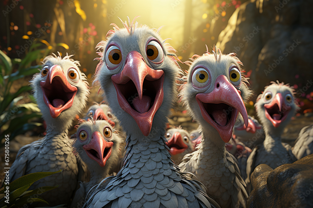 Poster he playful interaction between a group of dodo bird, showcasing their social dynamics and vigilant n