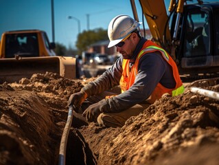 Construction worker in an excavator, carefully digging a trench for utility line installation - obrazy, fototapety, plakaty