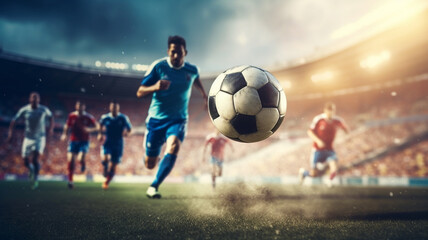 Obraz na płótnie Canvas a soccer player kicking a soccer ball inside a stadium