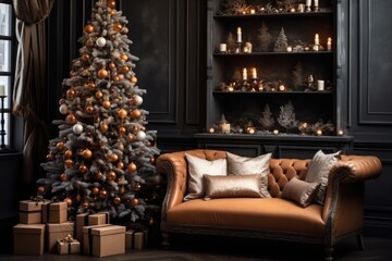 Christmas room, holiday celebration, decorated Christmas tree, warm winter interior, merry December, seasonal magic indoors.