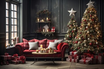 Obraz premium Festive living room, Christmas tree, decorated fireplace, holiday celebration, cozy winter interior, seasonal magic......