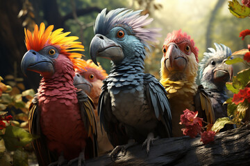 Fototapeta premium He playful interaction between a group of Archaeopteryx, showcasing their social dynamics and vigilant nature. 