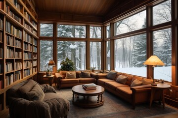 A picturesque winter landscape from the windows of a cozy house located in a snow-covered forest,...