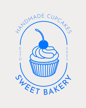 Logo template with a cupcake. Line art, retro. Pre-made design for bakeries, cafes, and restaurants.